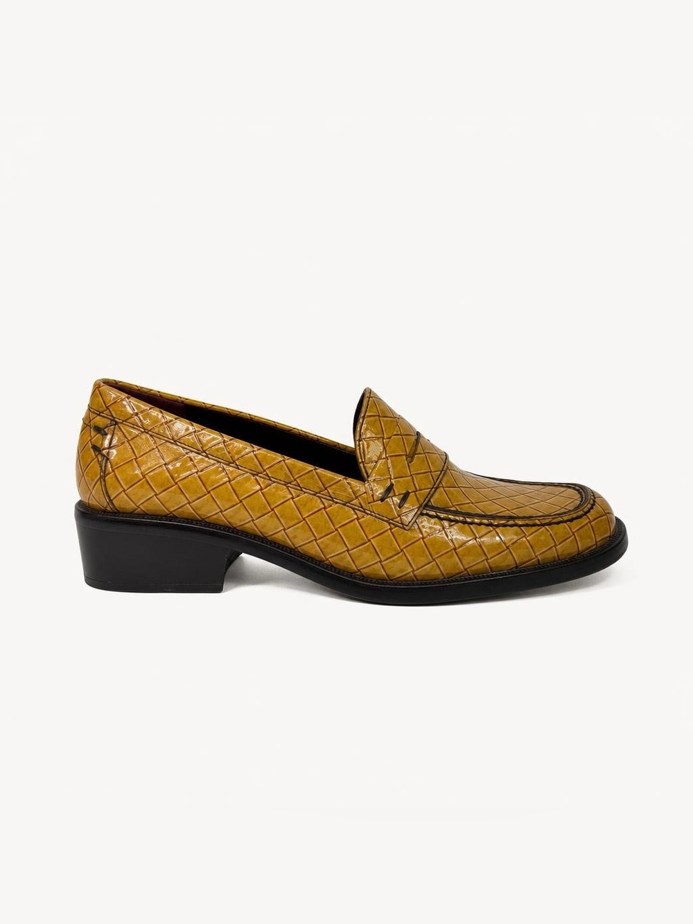 Cole Haan City Woven Print Loafers Mustard Patent Leather Heeled Shoes Size 6.5